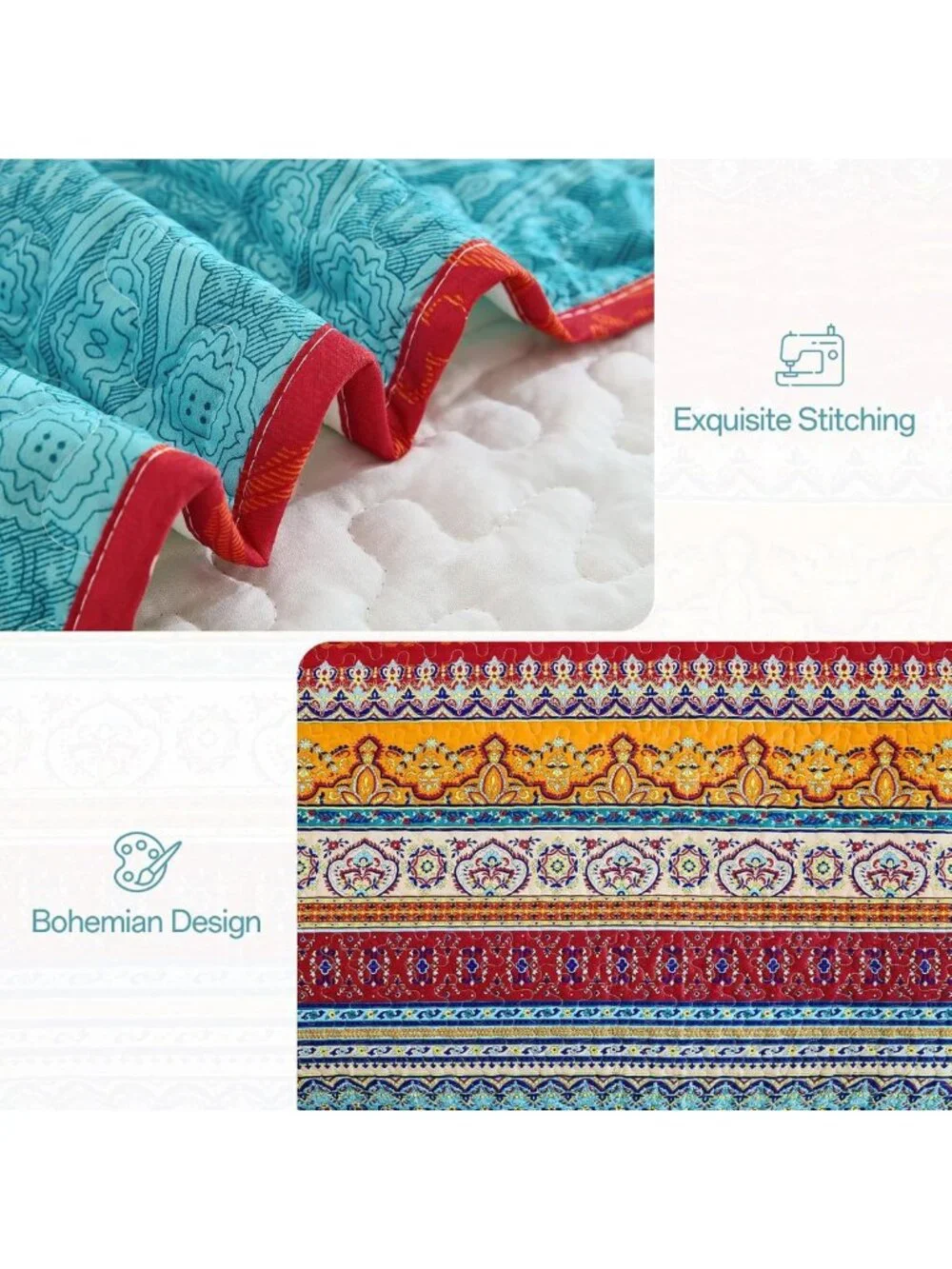 Boho Queen Quilt Set - Colorful Striped Bedding, Lightweight Microfiber, 3
